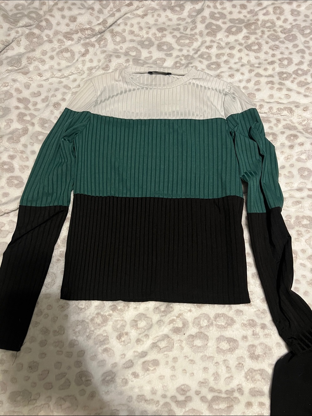 SHEIN White Teal & Black Ribbed Colorblock Long-Sleeve Top